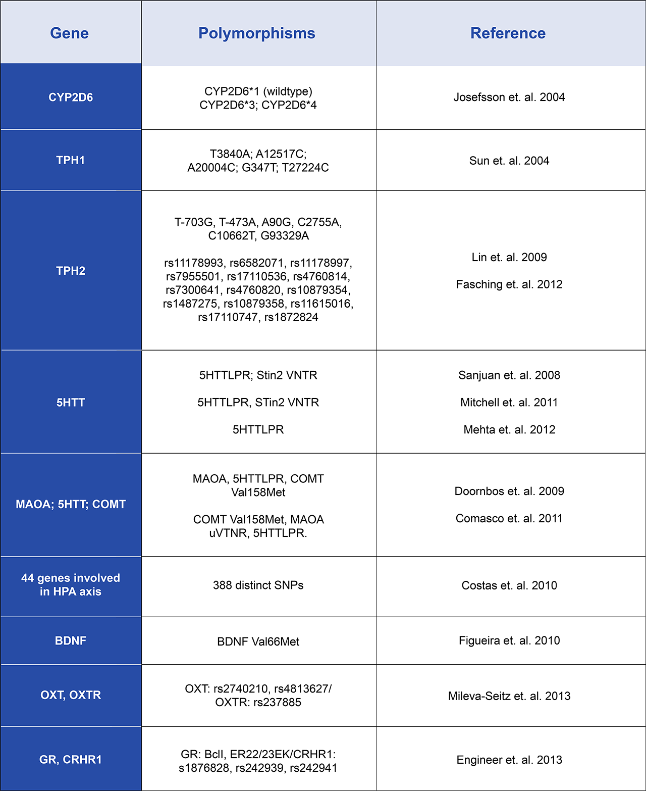 Chart of Genes and Polymorphisms